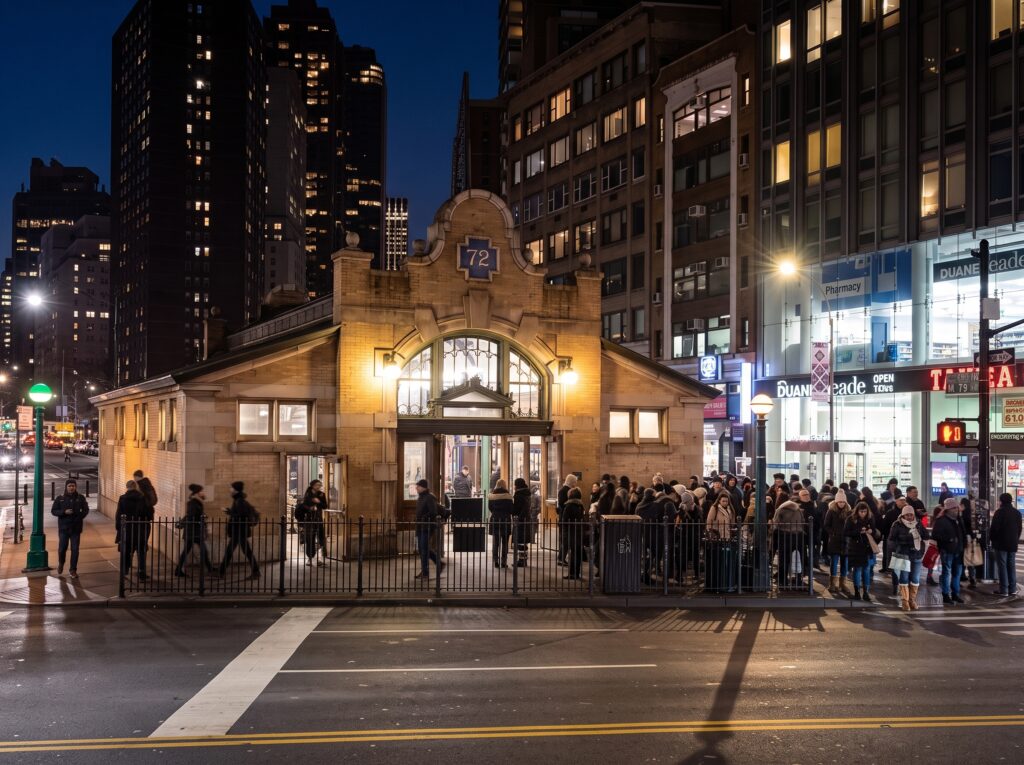 West 72nd Street subway station at night on the Upper West Side